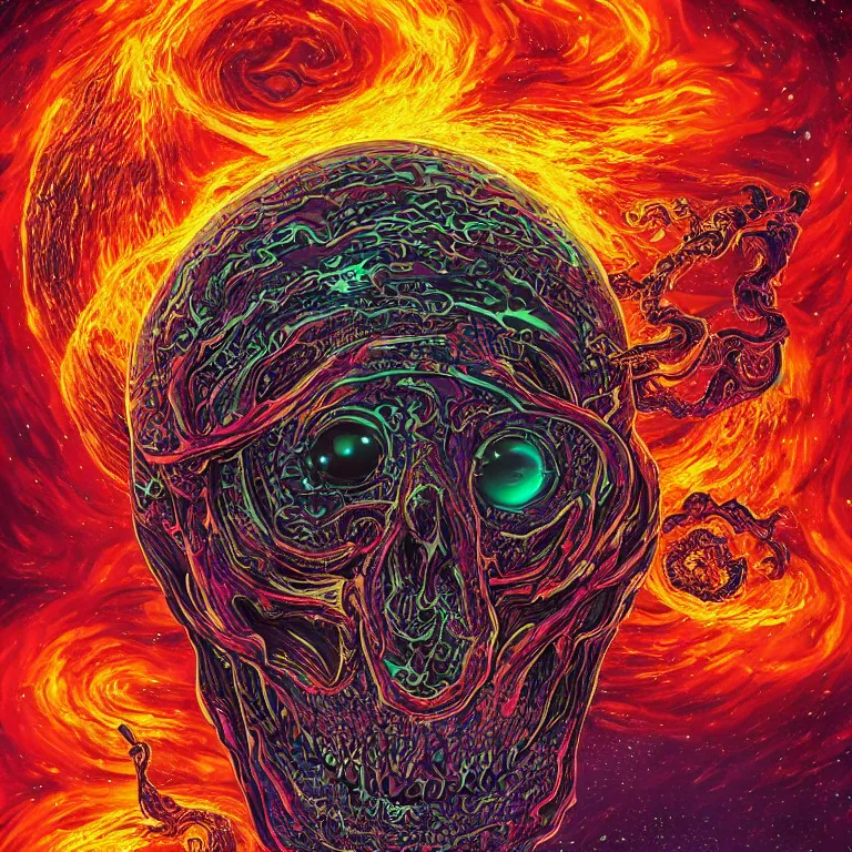 Image similar to a symmetrical composition of a giant skull with deep and intricate rune carvings and glowing eyes with thick lovecraftian tentacles emerging from a space nebula by dan mumford, twirling smoke trail, a twisting vortex of dying galaxies, digital art, vivid colors, highly detailed