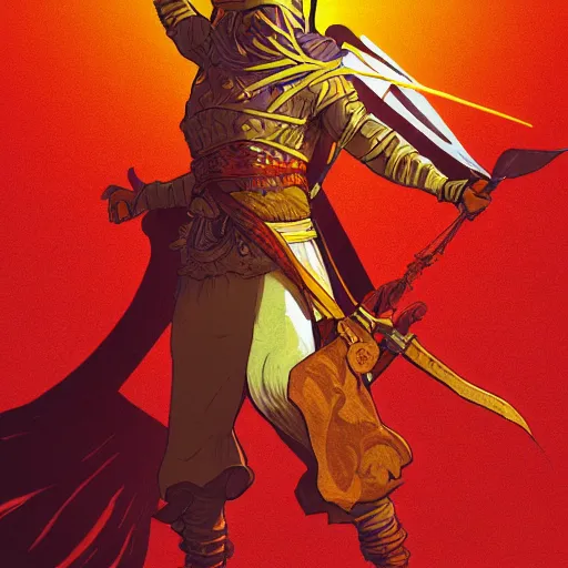 Prompt: an ultra detailed vector image of solaire of astora dressed as the prince of persia, concept art by alphonse mucha and greg rutkowski, bright red desert sands, bright yellow and red sun, octane render, praise the sun