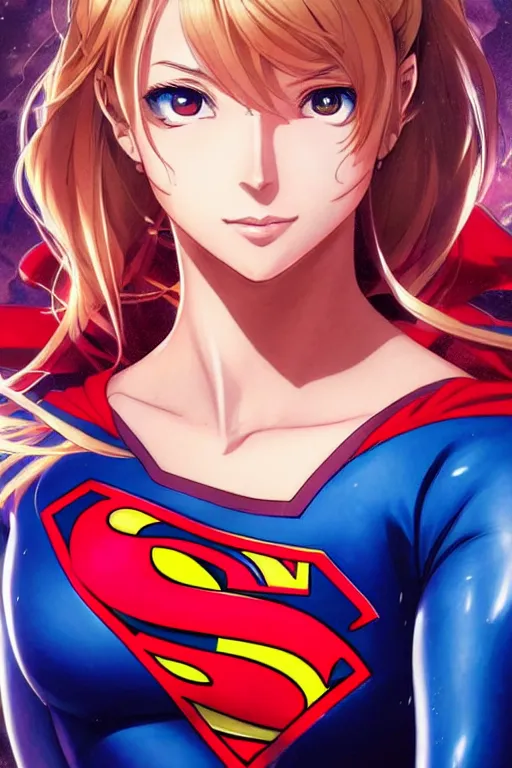 Image similar to anime key visual of a beautiful female supergirl!! intricate, red, blue gold suit, powers, speed, dc comics, cinematic, stunning, highly detailed, digital painting, artstation, smooth, hard focus, illustration, art by artgerm and greg rutkowski and alphonse mucha