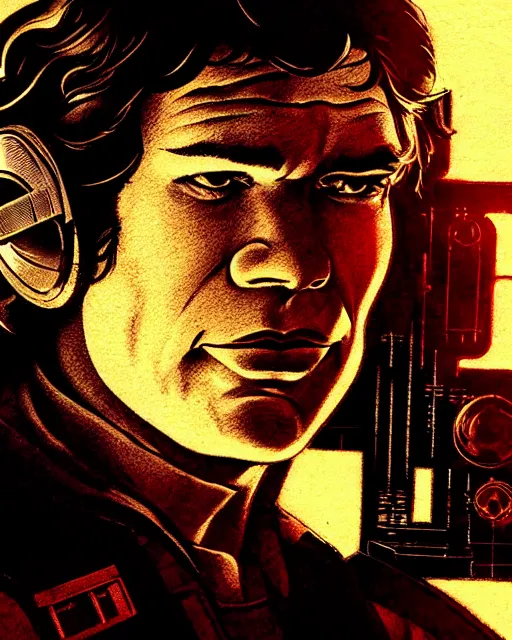 Prompt: character portrait closeup han solo standing in the cockpit of the millennium falcon, confident, character design, katsuya terada, frank frazetta, tom of finland, wlop, artgerm, dan mumford, action pose, trending on artstation, octane