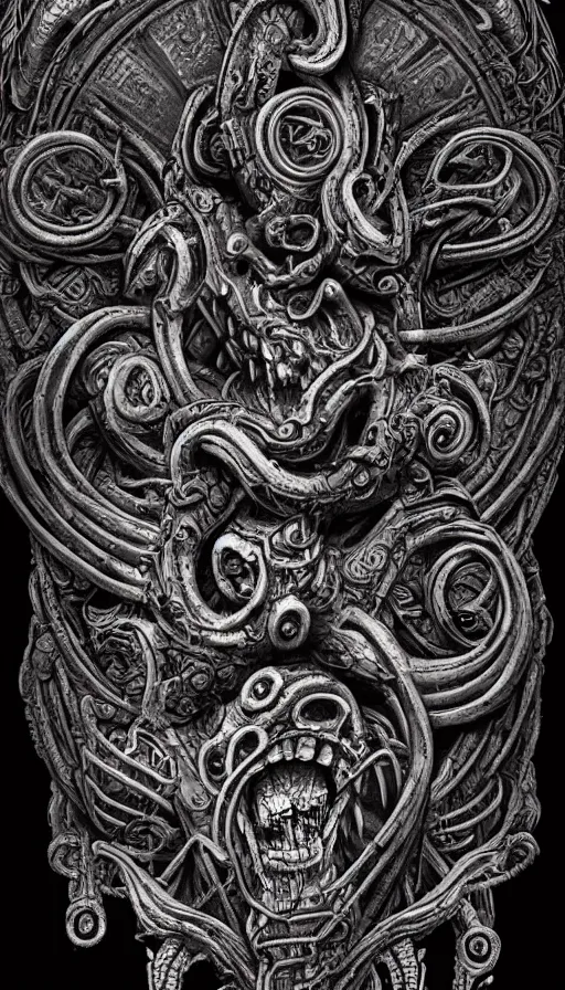 Image similar to ancient biomechanical hybrid aztec fantasy human serpent demon face mask tattoo pattern concept, teonanacatl glyph, intricate artwork by, Johnatan Wayshak, Zdizslaw Beksinski, Artgerm, H.R. Giger, very coherent artwork, cinematic, hyper realism, high detail, octane render, unreal engine, 8k, High contrast, higly detailed black ink outline, crosshatch sketch gradient