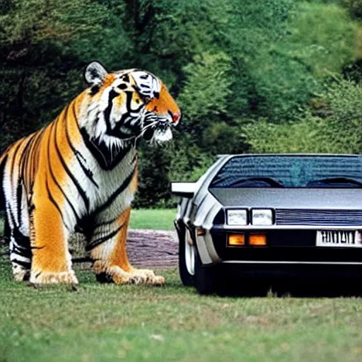 Image similar to a delorean protecting a tiger,