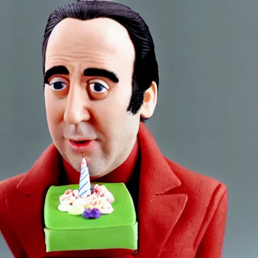 Image similar to nicholas cage holding a birthday cake in the style of 1 9 7 0 s bbc stop motion, oliver postgate