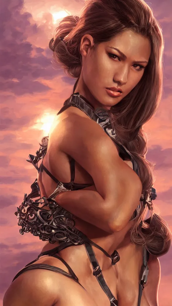 Image similar to Athletic exotic princess woman, modern body combat harness straps, robes, platinum jewellery, painted illustration poster, collage, intricate, elegant, highly detailed, digital painting, artstation, concept art, matte, sharp focus, illustration, sunset, specular lighting, art by Noriyoshi Ohrai, by artgerm