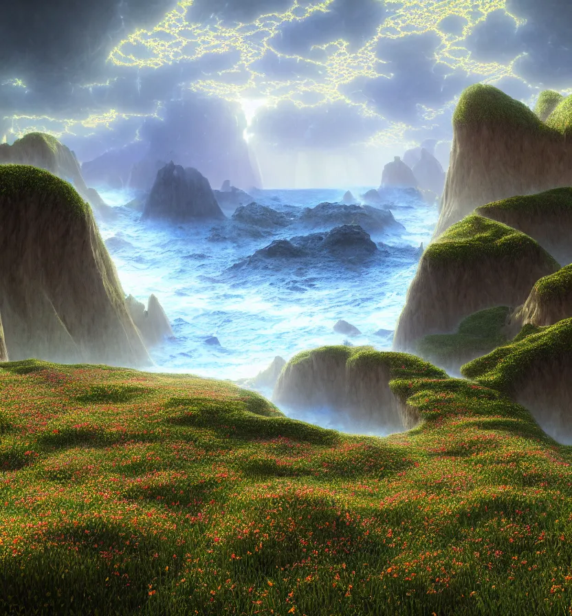 Image similar to detailed fractal tectonic landscape, in a vast wildflower garden landscape that meets the ocean, by glenn small, by albert bierstadt, photorealism, hyper realism, octane render, unreal engine, volumetric light, depth of field, volumetric clouds, god rays, lens flares, detailed, intricate, twin motion, megascan, high resolution, realistic render