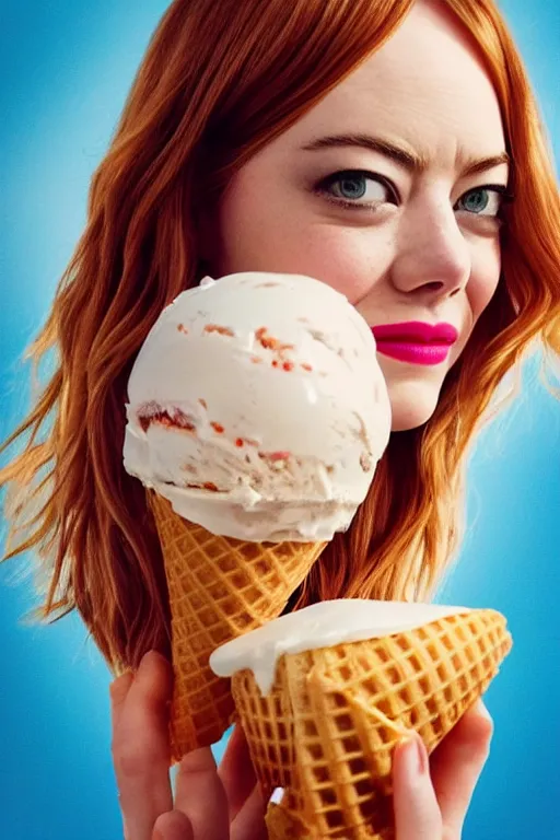 Image similar to 📷 emma stone the ice - cream cone 🍦, made of food, head portrait, dynamic lighting, 4 k