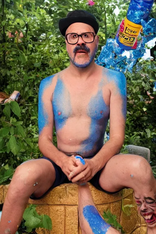 Image similar to David cross as Tobias fünke in blue body paint and cutoffs drinking glitter from a garden hose, highly detailed portrait