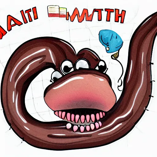 Image similar to a giant earthworm with a toothy mouth eating math problems, digital art