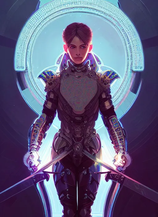Prompt: symmetry!! portrait of a female character with a sword and armor, sci - fi, tech wear, glowing lights!! intricate, elegant, highly detailed, digital painting, artstation, concept art, smooth, sharp focus, illustration, art by artgerm and greg rutkowski and alphonse mucha