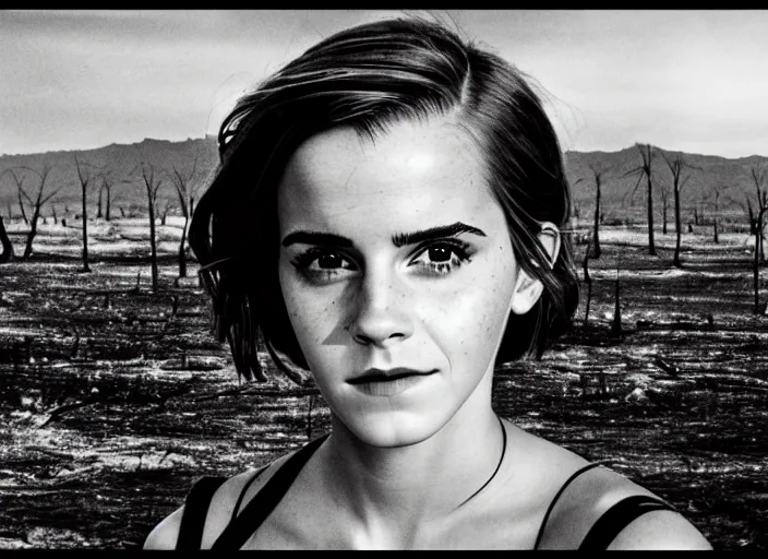 Prompt: emma watson portrait, battle of khe sanh, landscape background burned trees,