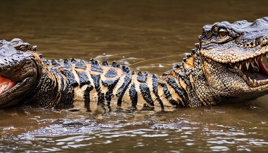 Image similar to an alligator tiger!!! hybrid! hyper realistic!! realistic lighting!! wildlife photographer of the year!!! bold natural colors, national geographic, hd, wide angle, 8 k