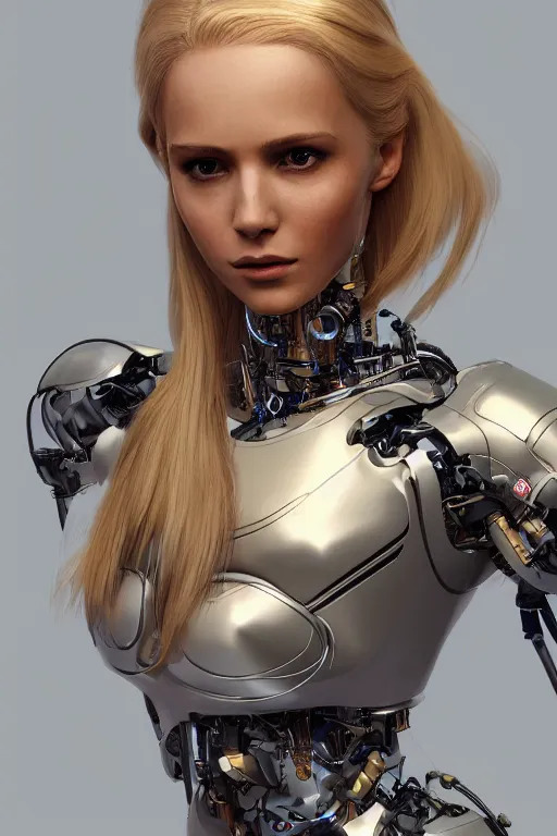 Image similar to a beautiful woman with blonde hair wearing robot suit with wires and light, highly detailed, photorealistic, artstation, smooth