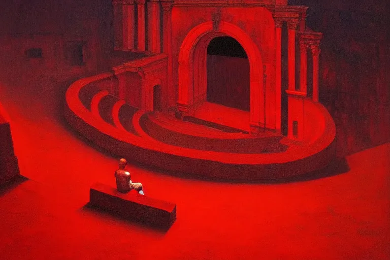 Image similar to only with red, a red melted emperor, taormina amphitheatre, crowd hails him happy, in the style of beksinski, parts by edward hopper, parts by rodcenko, parts by yue minjun, intricate and epic composition, red by caravaggio, insanely quality, highly detailed, masterpiece, red light, artstation, 4 k