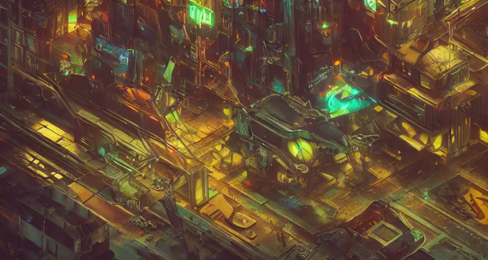 Image similar to beautiful low angle painting of an alien world with beautiful buildings and technology, steampunk, isometric aspect, junk on the ground, neon lights,, moody atmosphere, epic composition, dramatic lighting, trending on artstation, octane render, by robert zemeckis