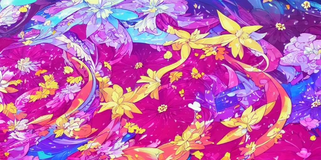 Image similar to background art of spaciously scattered multi colored flower petals flowing through the air from left to right on a clean background, acanthus scroll, petals, anime, artgerm, manga, trending on artstation, art nouveau