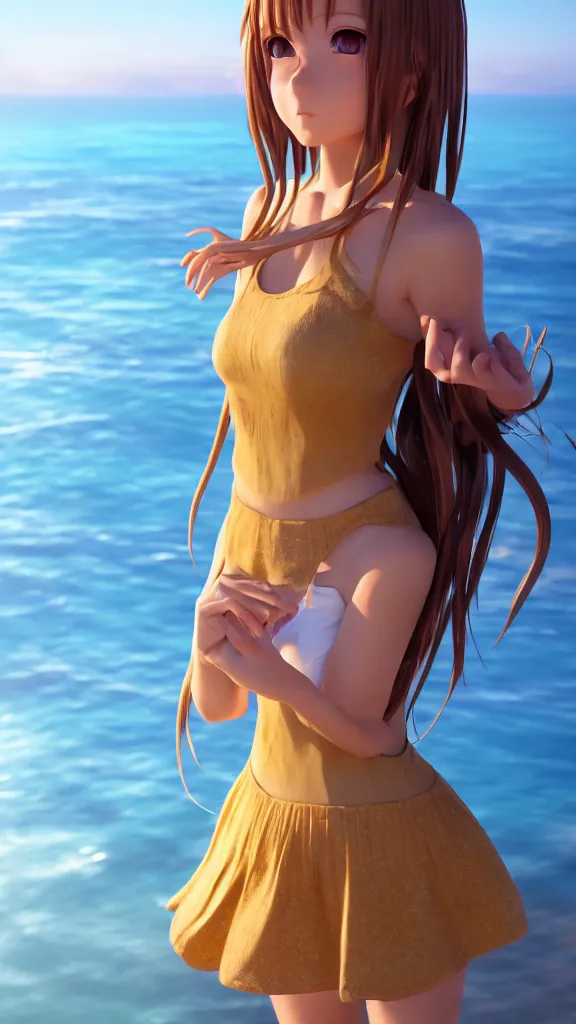 Image similar to Render of a very beautiful 3d anime girl, long hair, hazel eyes, cute freckles, full round face, short smile, cute sundress, golden hour, serene beach setting, medium shot, mid-shot, highly detailed, trending on Artstation, Unreal Engine 4k