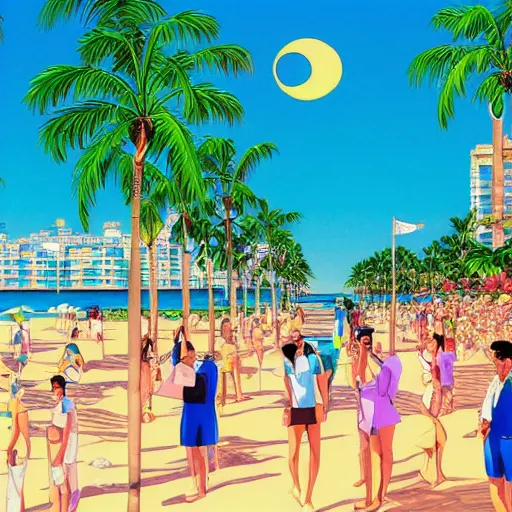 Image similar to a beautiful painting of a sunny day at a large beach filled with hundreds of palm trees by hiroshi nagai and hirohiko araki, detailed line art, vaporwave color scheme