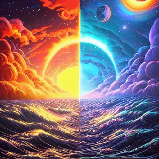 Image similar to Cosmic colorful ultima moongate, digital matte black paper art by Dan Mumford and by Cyril Rolando, Beautiful epic night fire seascape, art by Dan Mumford, Cyril Rolando, Shawn Coss, Junji Ito, and Jaya Su Berg