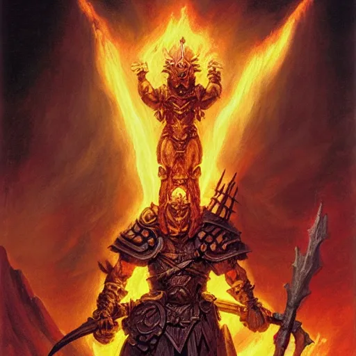 Image similar to head and shoulders portrait of a paladin fire giant, wreathed in flame, d & d, fantasy, greg rutkowski, frank frazetta, alexandre chaudret, boris vallejo, michael whelan, miro petrov, hr giger, magali villeneuve, donato giancola