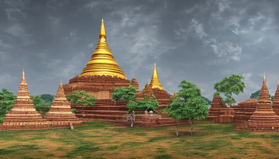 Prompt: matte painting of a beautiful mon - dvaravati village and buddhist temple and stupa made by brick, digital art, trending on artstation