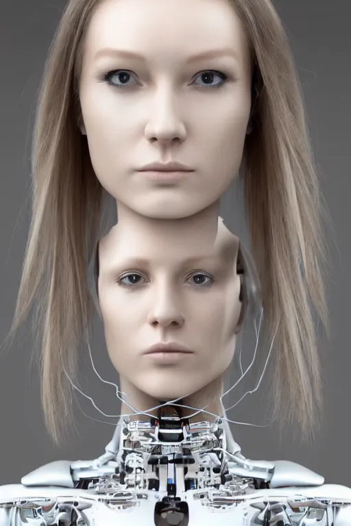 Image similar to robot with human face, female head, full body angle, woman human face, human face realistic, beautiful blonde hair, human head, human head with blonde hair, blonde hair human head, blonde hair, human realistic face, human head skin, cyborg frame concept, cyborg by ales-kotnik, sci-fi android female, the body is made of wires, robotic body, cyborg body, cyborg bust body, robot body cyborg, full body
