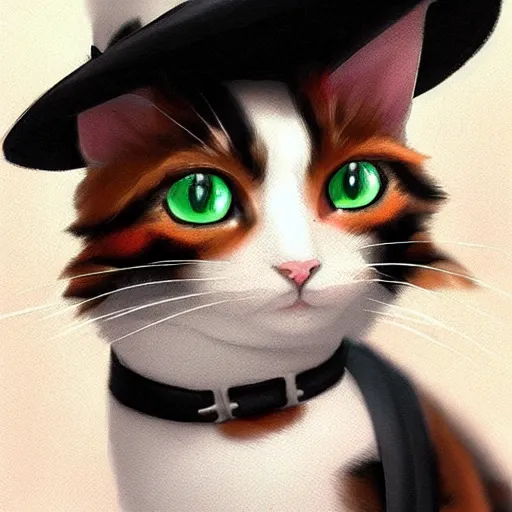 Image similar to a cute calico cat in a hat, artstation, cgsociety