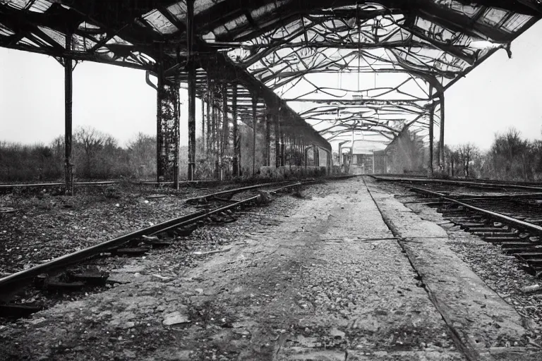 Prompt: vintage photograph of an abandoned railway station, 35 mm lens, shot on film, trending on 500px
