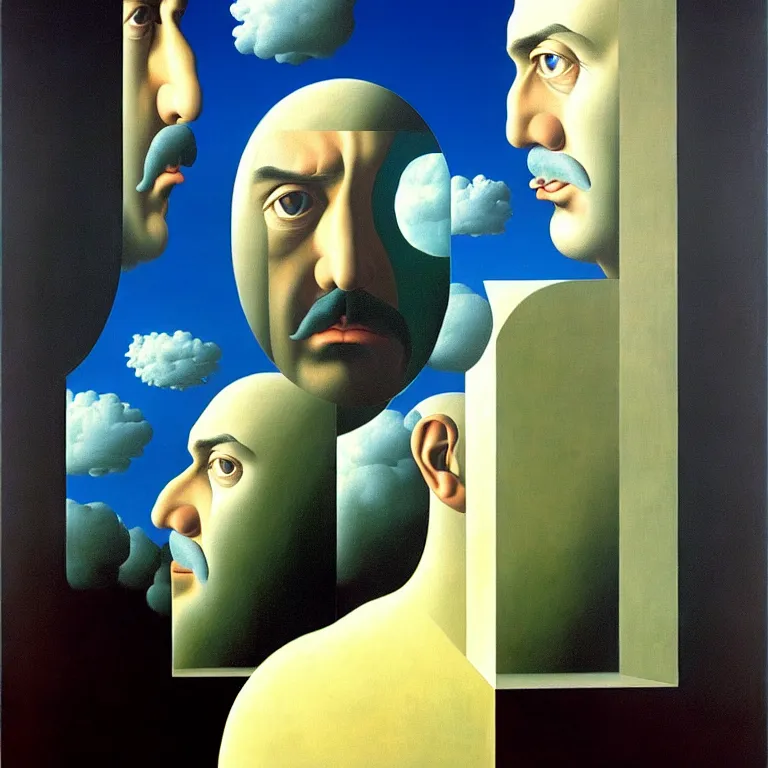 Image similar to a man looks into his own reflection and sees nothing, by rene magritte and salvador dali, surreal, oil on canvas, hyper detailed, vivid