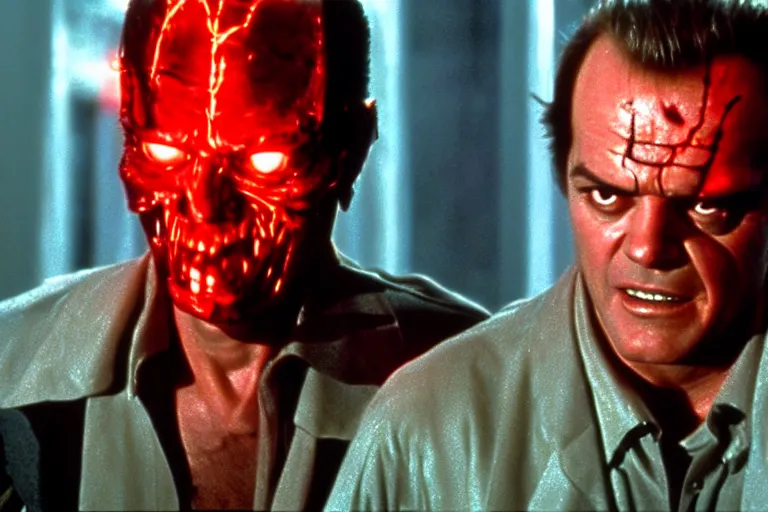 Image similar to Jack Nicholson plays Terminator, his one yes glow red, scene where his endoskeleton gets exposed, still from the film