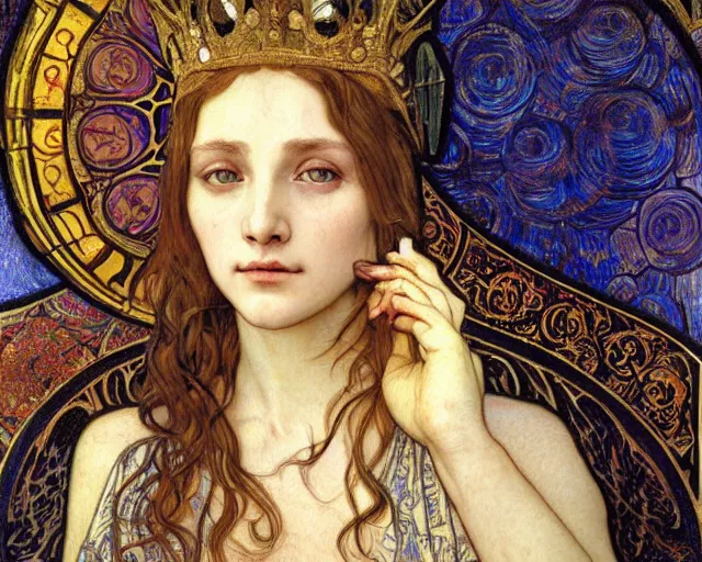 Image similar to detailed realistic beautiful young medieval queen face portrait by jean delville, alphonse mucha, vincent van gogh, and marco mazzoni, art nouveau, symbolist, visionary, gothic, pre - raphaelite
