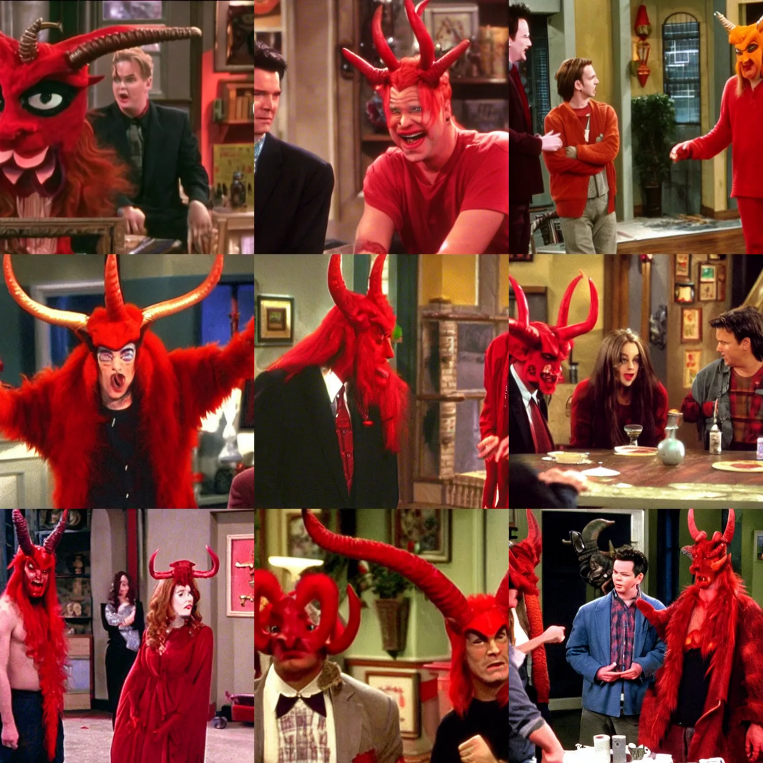 Prompt: a red demon with horns on an episode of friends, the one where chandler befriends satan