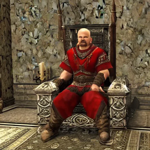 Image similar to Alexander Lukashenko as a Jarl in The Elder Scrolls V: Skyrim sitting on his throne in a slumped pose