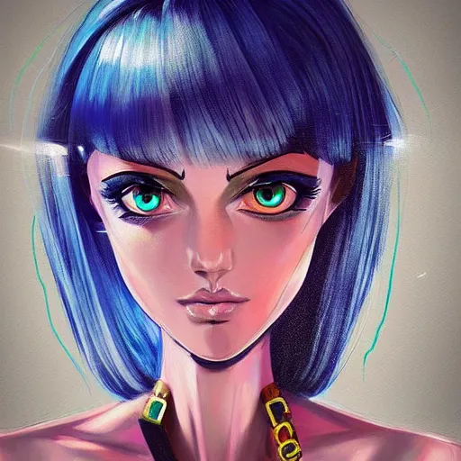 Image similar to “Flawless painting of futuristic animatronic girl by concept art, wisdom, style of teenage robot girl, enlightment, illumination, ultra detailed face and eyes, ancient symbols, digital art, HD Quality, Artstation, UHD 4K image”