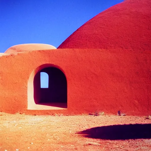 Image similar to a man in brightly colored clothing standing outside a Non-Euclidean orb-like clay house sitting in the desert, vintage photo, beautiful cinematography, blue sky, film grain, James Turrell