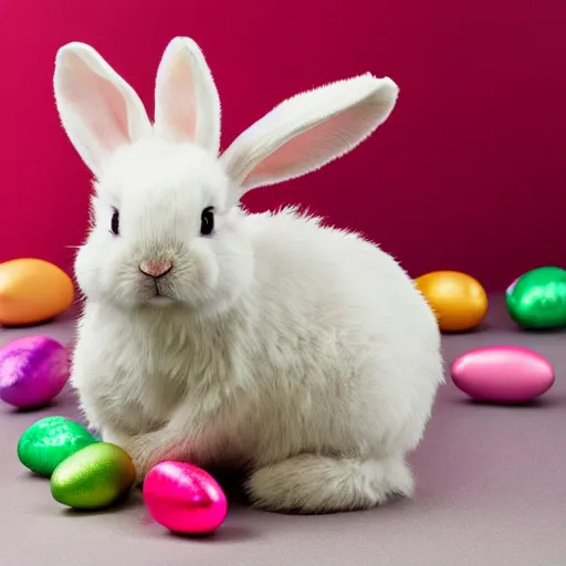 Image similar to a cute easter bunny sitting on a tire, studio photo, high quality