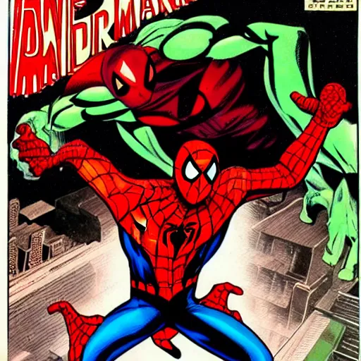 Image similar to comic book art of a green red spider man in Dhaka comic book art by Stan Lee