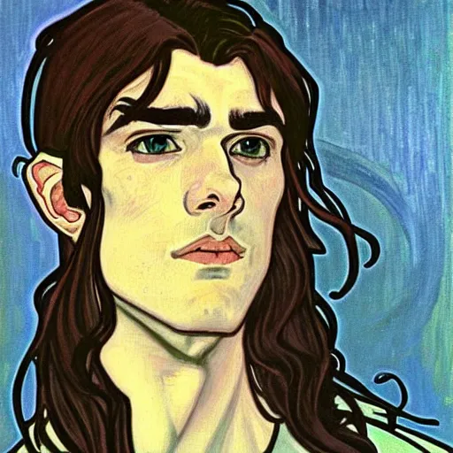 Image similar to painting of handsome beautiful paladin elf! man with long wavy dark hair in his 2 0 s named shadow taehyung at the blueberry party, wearing armor!, elegant, clear, painting, stylized, delicate, soft facial features, art, art by alphonse mucha, vincent van gogh, egon schiele,