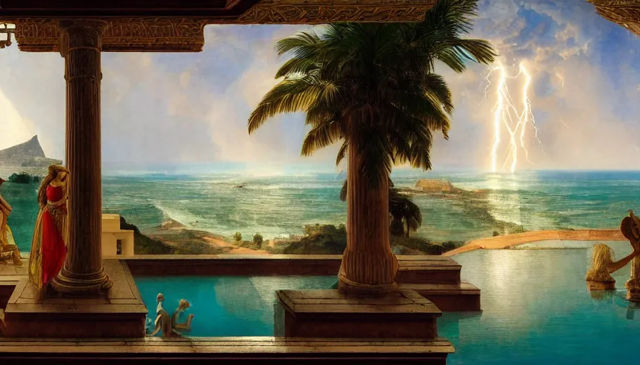 Prompt: From inside the balcony of the giant Palace, mediterranean balustrade and columns, refracted line and sparkles, thunderstorm, greek pool, beach and Tropical vegetation on the background major arcana sky and occult symbols, by paul delaroche, hyperrealistic 4k uhd, award-winning, very detailed paradise