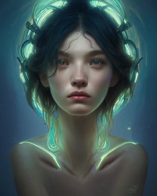 Prompt: one singular portrait of a sad bioluminescent creature, highly detailed, digital painting, cinematic, hyper realism, dark retrowave, art by stanley lau and artgerm and magali villeneuve and alphonse mucha, artstation, octane render, cgsociety