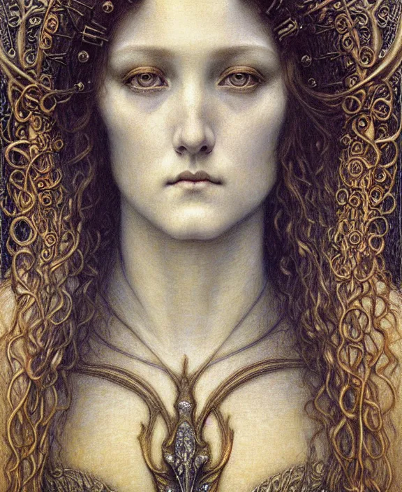 Image similar to detailed realistic beautiful young medieval queen face portrait by jean delville, gustave dore and marco mazzoni, art nouveau, symbolist, visionary, gothic, pre - raphaelite. horizontal symmetry