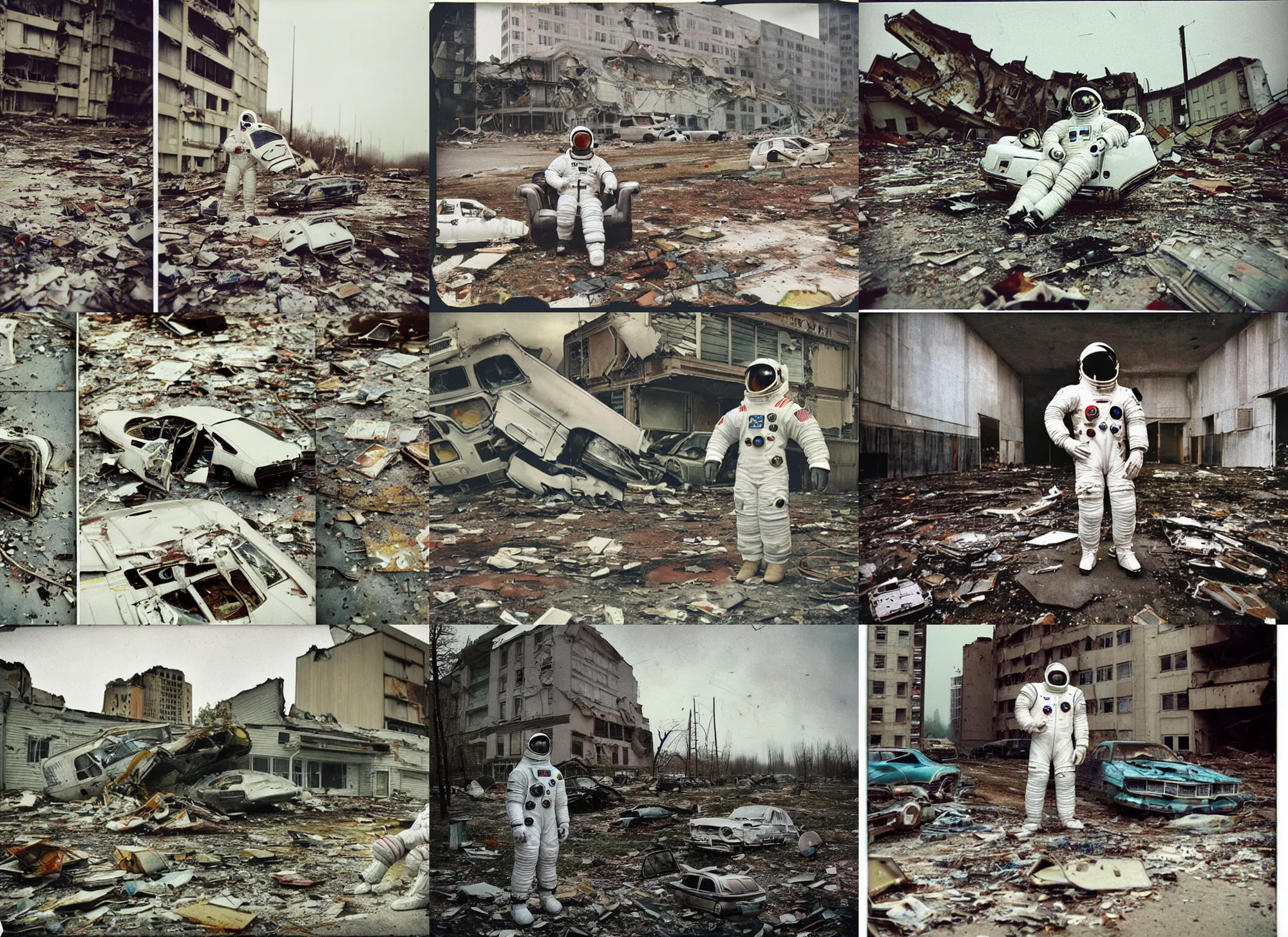 Prompt: faded photographs of american white spacesuit astronaut in postapocalyptic abandoned destroyed berlin, wrecked buildings, destroyed flipped wrecked cars, polaroid photo, vintage, neutral colors, rainy day, by gregory crewdson