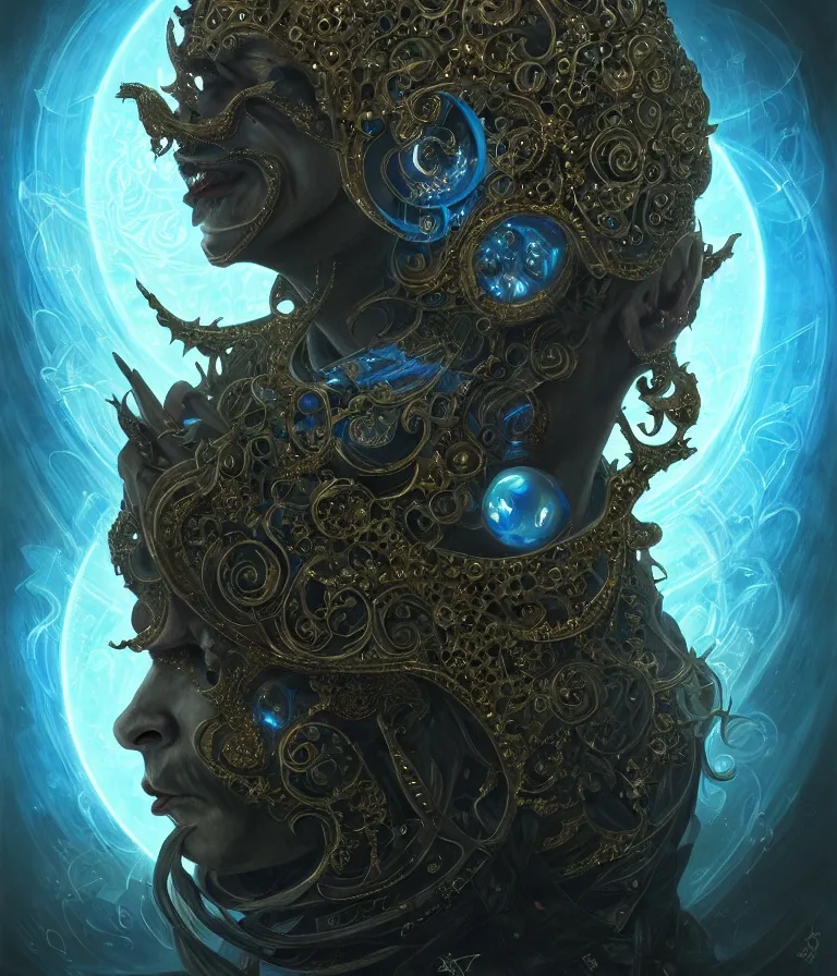 Image similar to front shot of a court jester character, hyperdimensional, bioluminescent hypercubes, dark holography!!!, (((intricate))), elegant, highly detailed, centered, (((artstation, concept art, smooth, sharp focus, artgerm, Tomasz Alen Kopera, Peter Mohrbacher, donato giancola, Joseph Christian Leyendecker, WLOP, Boris Vallejo))), mugshot!!!!!, ugly!!!!!!, octane render, nvidia raytracing demo, octane render, nvidia raytracing demo, octane render, nvidia raytracing demo, grainy, muted, 8K, digitalblasphemy, metatron