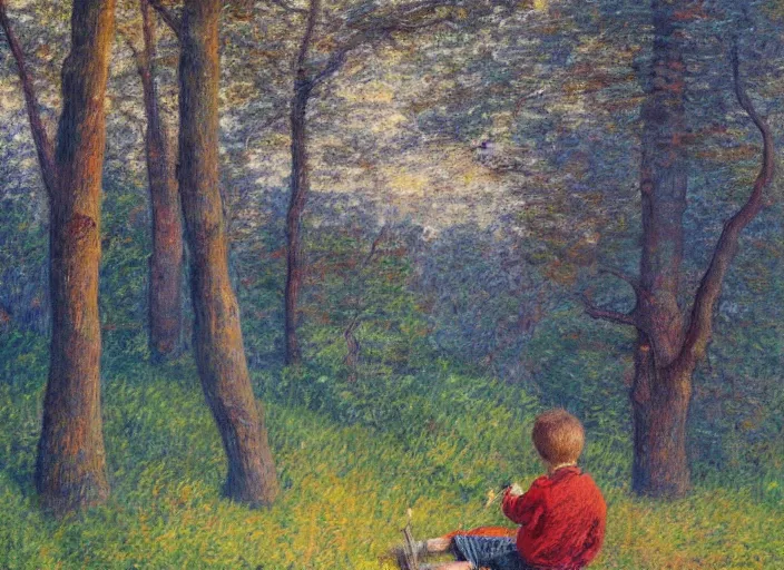 Prompt: impressionistic painting of a boy sitting on a hill in the woods, painted by johfra bosschart, featured on artstation, plein air, artstation hd, painterly