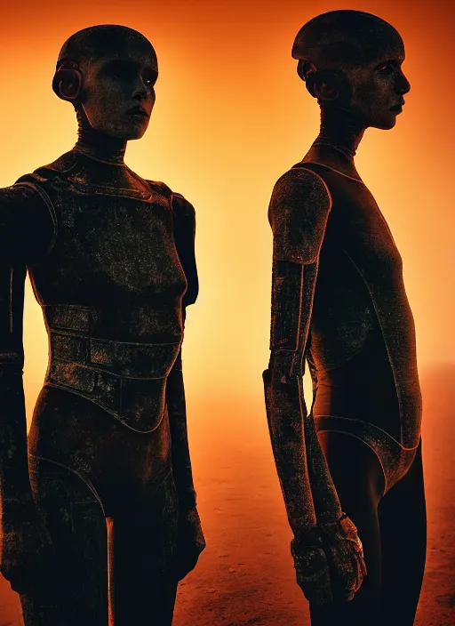 Image similar to cinestill 5 0 d photographic portrait by steve mccurry of two loving female androids wearing rugged black mesh techwear on a desolate plain with a red sky, extreme closeup, cyberpunk style, dust storm, 8 k, hd, high resolution, 3 5 mm, f / 3 2, ultra realistic faces, ex machina, blade runner