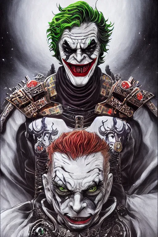 Image similar to full body concept art of Joker wearing samurai armor made with porcelain by Jeff Easley and Peter Elson + beautiful eyes, beautiful face + symmetry face + galaxy + gothic, surreal, dread + highly detailed, intricate complexity, epic composition, magical atmosphere + masterpiece, award winning + trending on artstation