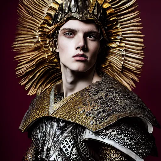 Image similar to a portrait of a beautiful young pagan male wearing an alexander mcqueen armor , photographed by andrew thomas huang, artistic