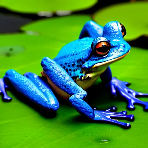 Image similar to cute blue frog sitting on a water lily, intricate, elegant, sharp focus, illustration, highly detailed, concept art, matte, trending on artstation, anime, art by kuvshinov ilya h 6 4 0