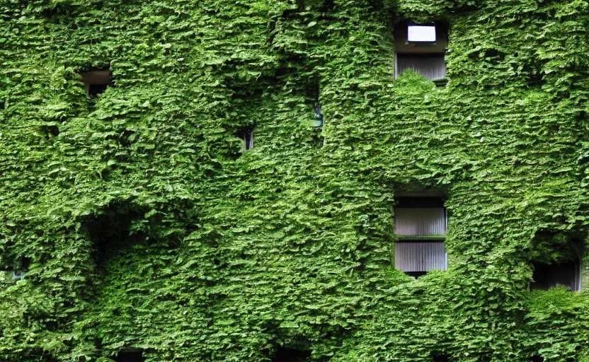 Image similar to a futuristic and overgrown brutalist building in the dolomites overgrown with ivy