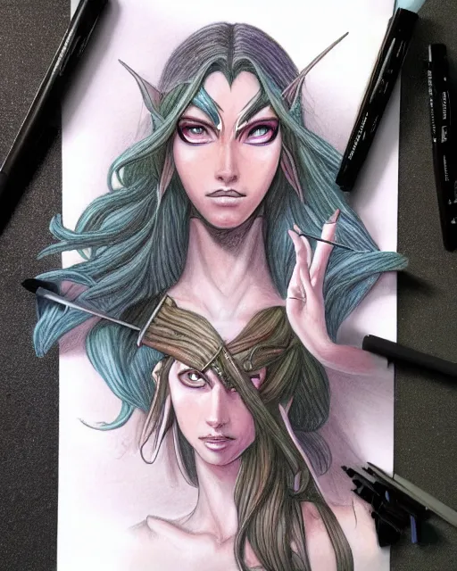 Image similar to multicolor drawing of elven boy mage with long black hair by artgerm city fantasy 4 k ultra high resolution