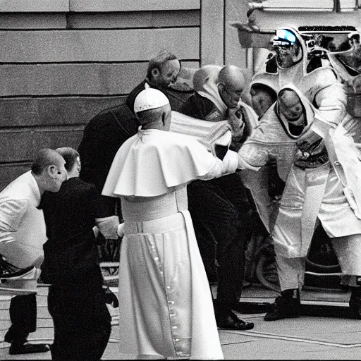 Prompt: the pope beating up a bunch of aliens, candid photography